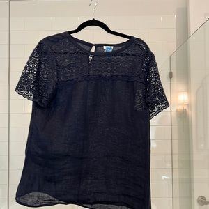 Navy j.crew linen blouse with eyelet detail at neck